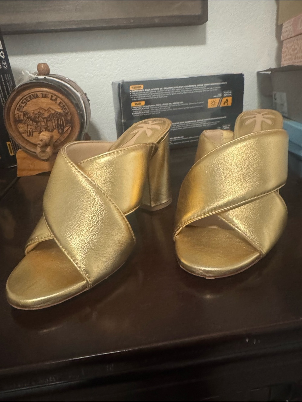 ANTONIO MELANI Metallic Gold Crisscross Block Heel Mules